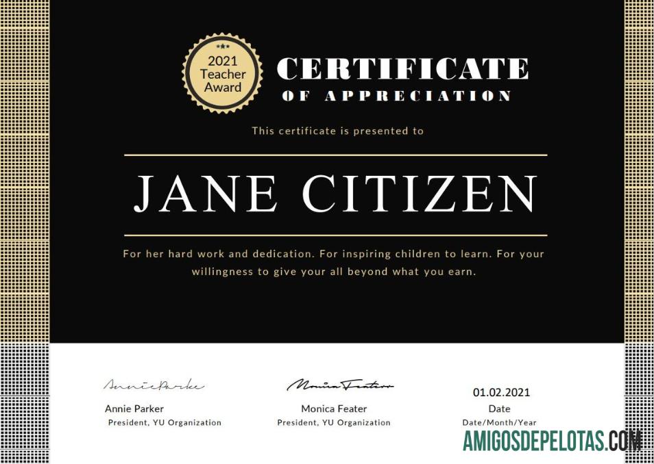 Certificado de Apreciação de Professores dos EUA exemplo real